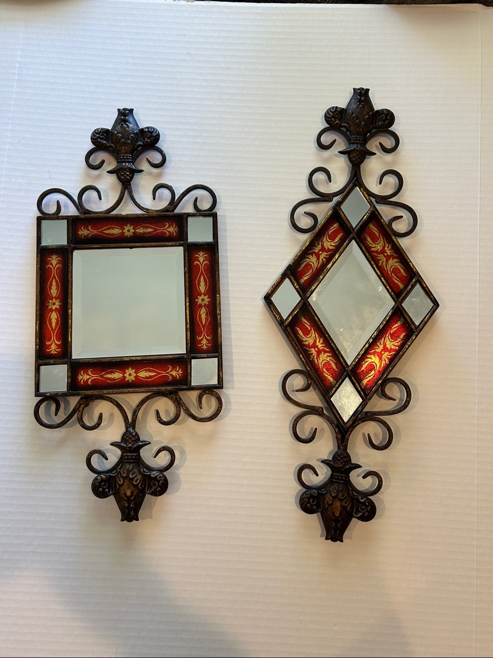 Vintage Red & Bronze Ornate Wall Mirror Pair